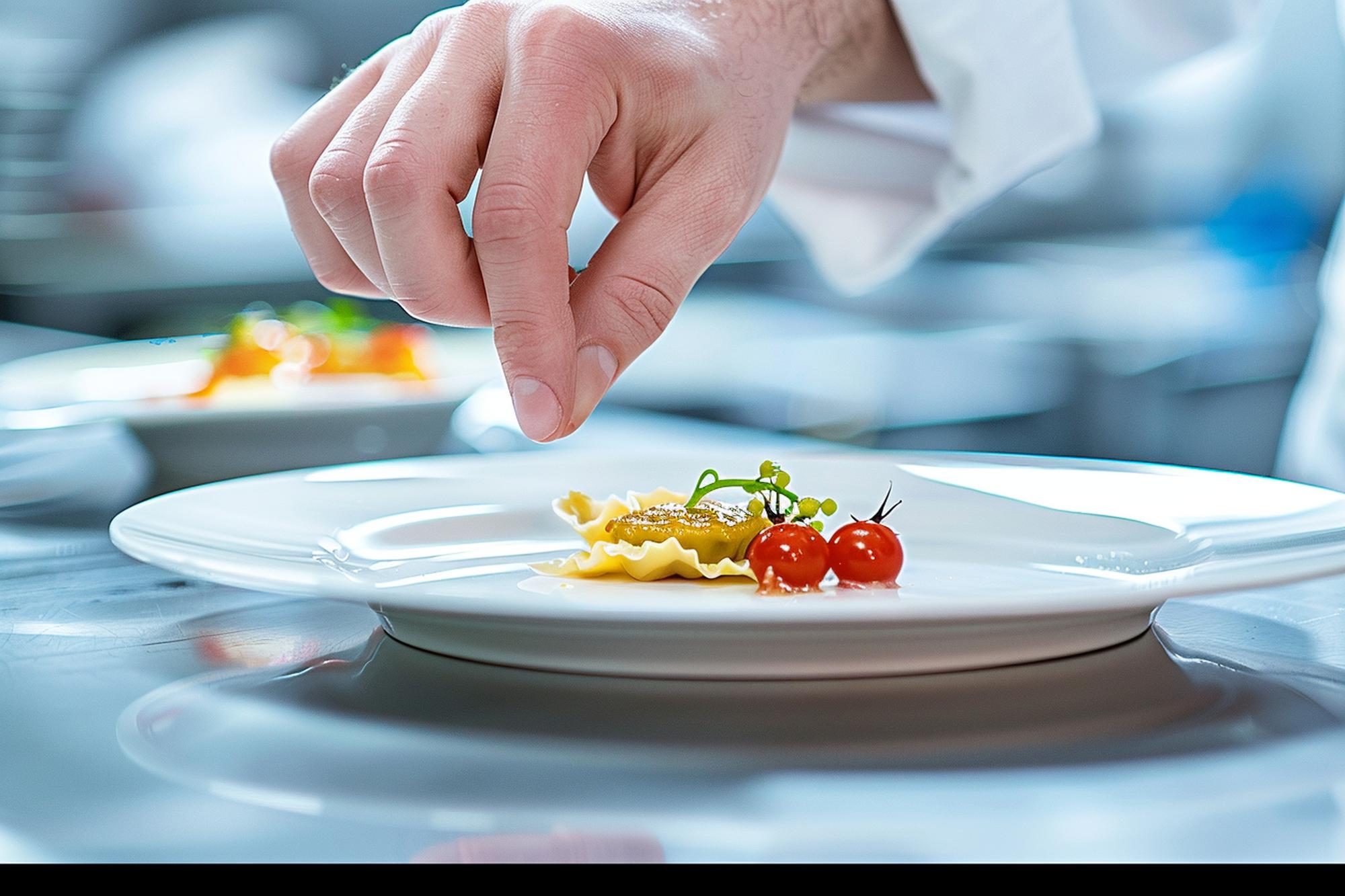 Instructor demonstrating plating in modern kitchen